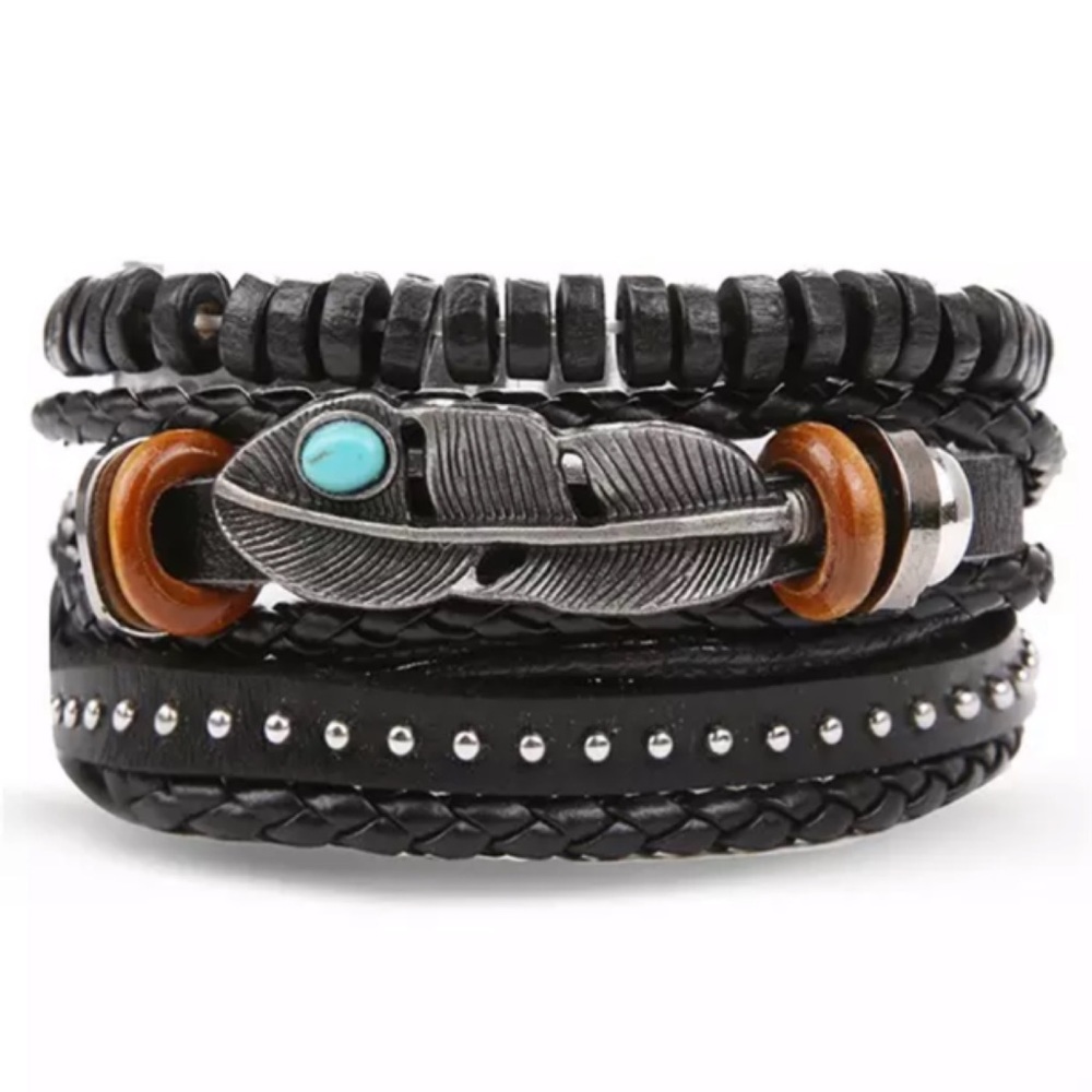 Boho Multilayer Leather Feather Beaded Bracelets - Picture 1 of 8